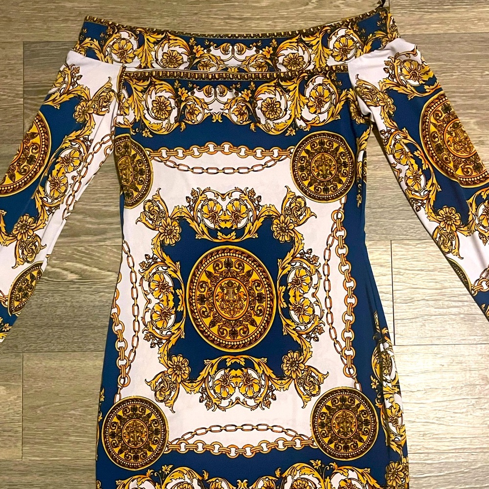 Va Va Voom royal gold link off shoulder bodycon dress size large